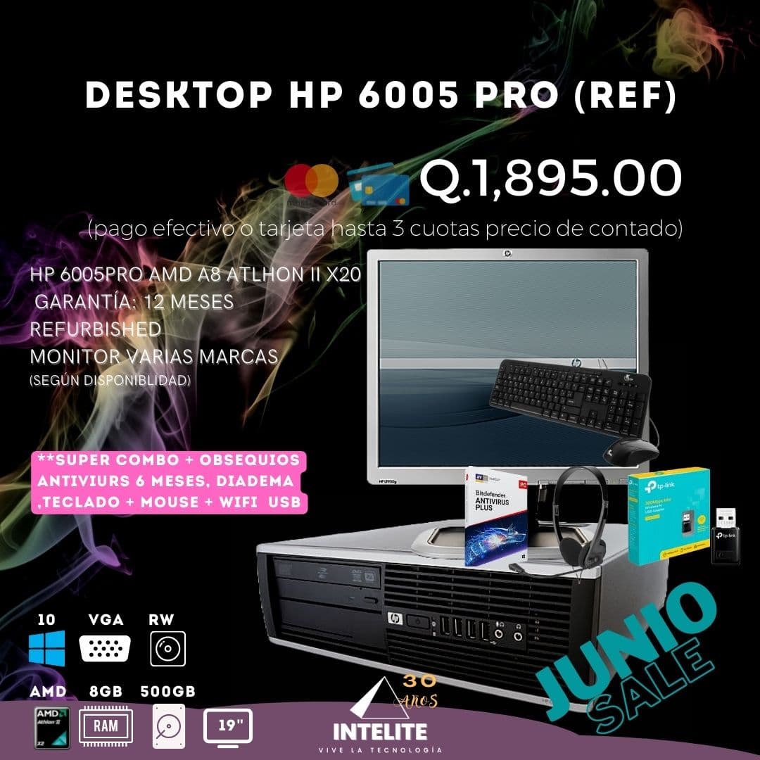 Combo Computadora Refurbished HP 6005 Pro - AMD – 8GB RAM – 500GB DD - LCD 19” - Wifi - Audifono